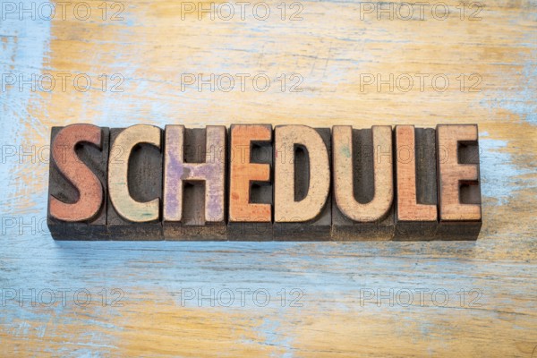 Schedule - word abstract in vintage letterpress wood type