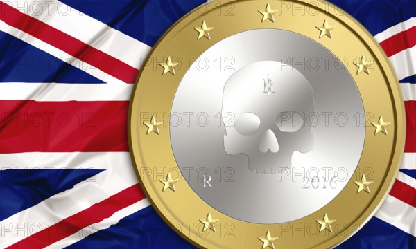 UK flag and an euro coin with skeleton inside. Financial concept for leave and exit from europe, debit, bankruptcy and saving time running out. 3d illustration