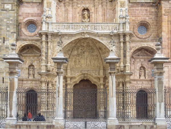 The lower part of the facade and the main entrance of Saint Mary Cathedral, Astorga, Castile and Leon, Spain, Europe