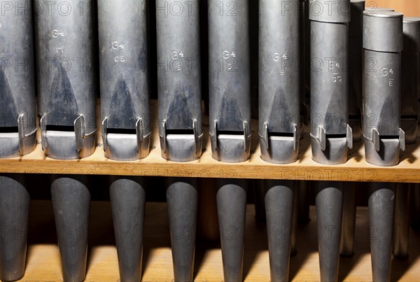 Detail of a portative organ, Organ Museum Borgentreich, Höxter district, North Rhine-Westphalia, Germany, Europe