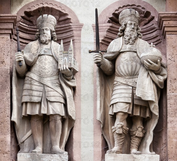 Charles I or Charlemagne, 742-748, and his son Louis the Pious, 778-840, also called the Fair, and the Debonaire, Abbey Castle Corvey in Hoexter, Weserbergland, North Rhine Westphalia, Germany, Europe, Karl der Große, und sein Sohn Ludwig I. oder Ludwig der Fromme, ehemalige Abtei und Schloss Corvey in Höxter, Weserbergland, Nordrhein-Westfalen, Deutschland, Europa, Europe