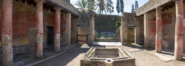HERCULANEUM, ITALY, MAY 05, 2022, Panoramic view of the garden of the Casa dei Cervi in Herculaneum