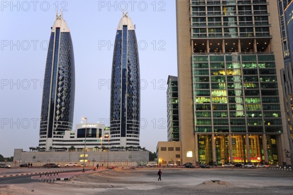 Modern architecture in the evening light, Financial Centre, Dubai, United Arab Emirates, Asia