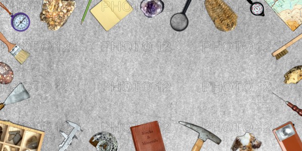 Topview of Set Fieldwork Geology Tools on Gray Background