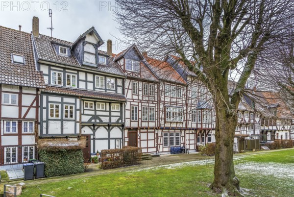 Street with decorative half-timbered houses in Lemgo city center, Germany, Europe