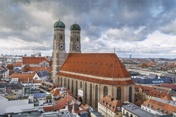 Frauenkirche (Cathedral of Our Dear Lady) is a church in Munich, Bavaria, Germany. Aerial view from New Town Hall tower