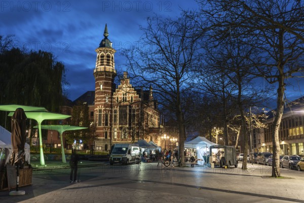 Jette, Brussels Capital Region, Belgium, 11 25 2020, Market and architecture of the Cardinal Mercier square at night, Europe