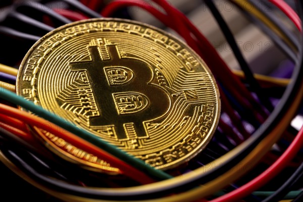 Virtual cryptocurrency money Bitcoin golden coin on a computer printed circuit board PCB surrounded by different colorful cables. The future of money. Computational equipment