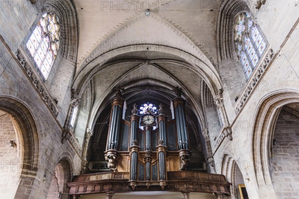 Vannes, France, August 6, 2018: Pipe organ and vaults of the Cathedral of Vannes. It is a Roman Catholic church dedicated to Saint Peter in Gothic style, Europe