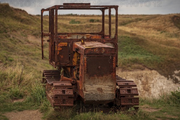 Flamborough, East Riding of Yorkshire, England, UK, September 14, 2018: An old rusty crawler on the cliffs of Flamborough North Landing