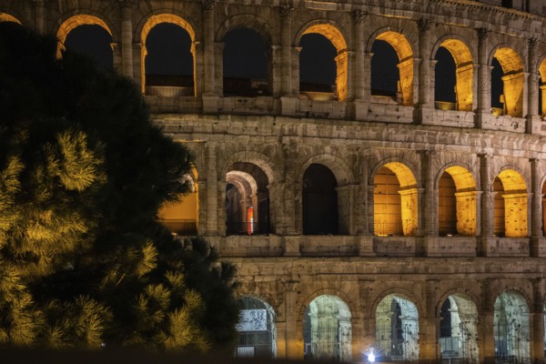 The Colosseum, famous and unique historical building of the Eternal City. View in the morning with great lighting, light installation. no people, Rome, Italy, Europe