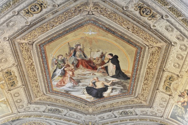 Vatican Museums, Vatican, Rome, Italy, Detailed ceiling painting with dramatic depiction of figures in a gilded frame, Vatican, Rome, Lazio, Italy, Europe