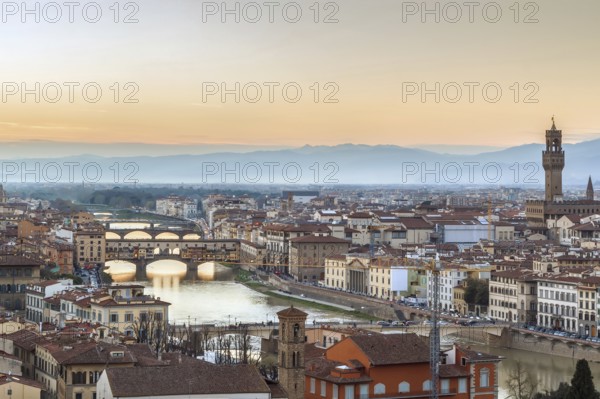 View of Florence with Ponte Vecchio on the sunset from Michelangelo hill, Italy, Europe