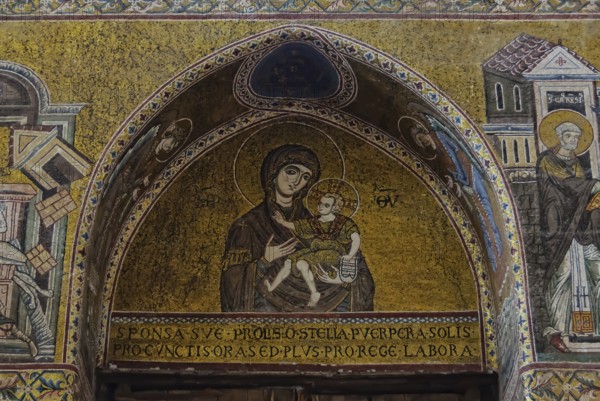 Madonna and Child mosaic on the west wall of the Cathedral, Monreale, Sicily, Italy, Europe