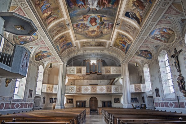Organ loft and ceiling frescoes, St. Blasius Catholic Parish Church in Dietmannsried, Allgäu, Bavaria, Germany, Europe