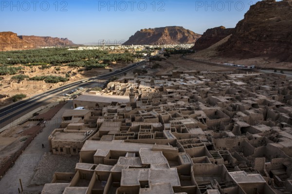View of the palm oasis Al Ula, Kingdom of Saudi Arabia, from the fortress of the old town