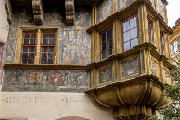 Detail of the famous historic building from 1537 Haus Pfister (Maison Pfister) with a façade depicting religious scenes, Colmar, Alsace, Département Bas-Rhin, France, Europe