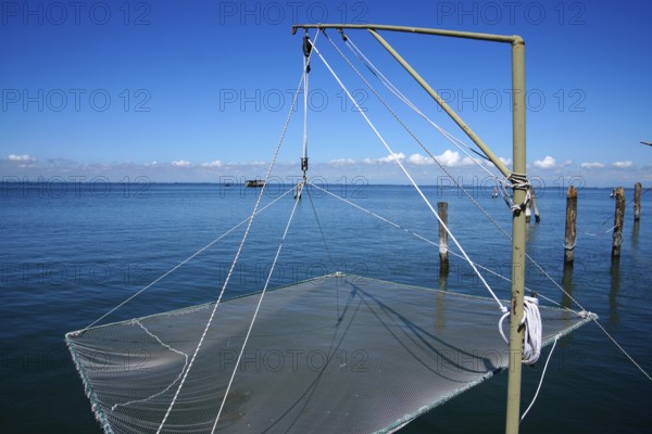 View of fishing nets, Venetian Lagoon, Isola Pellestrina, Venice Lagoon, near Chioggia, Pellestrina, Veneto, Italy, Europe
