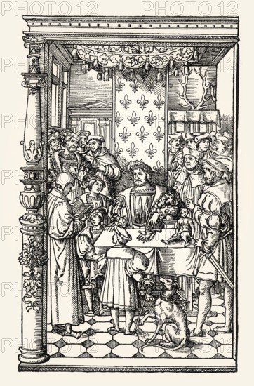 Title page by Geofroy Tory, Les Trois premiers Livres de l'Histoire de Diodore Sicilien, Mechault reading a translatin of the work of Diodoros of Sicily to Francis I, King of France, 1535, digitally restored