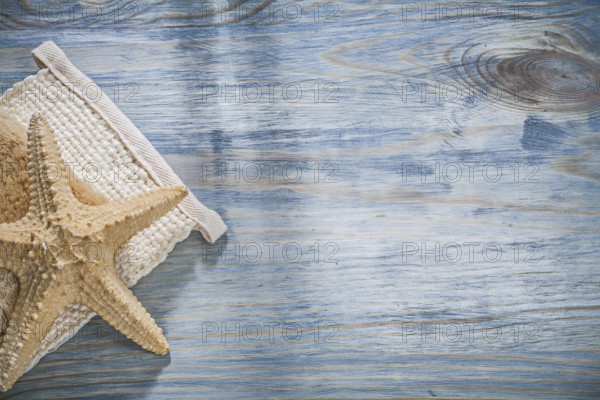Starfish body scrubber on wooden board copy space healthcare concept
