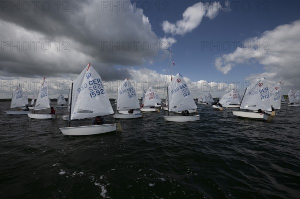 Andreas Dick, Olympic Centre - Schilksee, Kiel, Schleswig Holstein, Gabriel Louan CARRANCEJA on Ocean Spirit from ZSV #GER1592, Carla WESTERHEIDER from SKBUE #GER1875, Paula SCHEIDEMANN on Okapi from SV03/BYC #GER1321, Golden Opti 2025 on 24.05.2025 at the Olympic Centre, Schilksee in Kiel Germany
