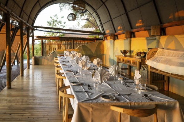 Set table in the restaurant, Okuti Camp, Moremi Game Reserve, Okavango Delta, Maun, Botswana, Africa