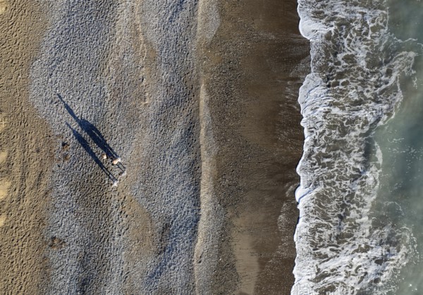 Aerial drone point of view of person walking on sand in a beach. Stormy waves idyllic beach in winter