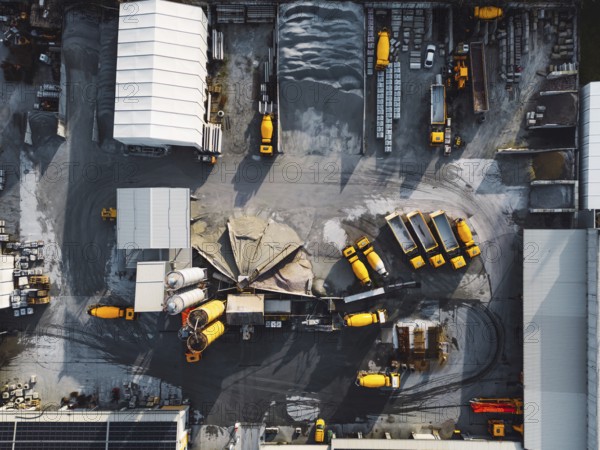 Aerial view in industrial area, directly above concrete factory, firm with lots of heavy machinery on the grounds, yellow trucks and other vehicles