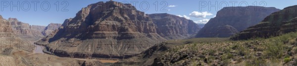 Picturesque landscape view of Grand Canyon National Park with Colorado river during sunny day. Arizona, USA. Famous travel destination