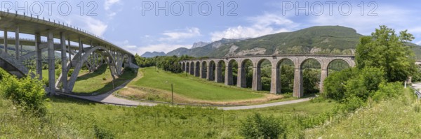 Crozet railway viaduct and Crozet motorway viaduct in Isère. France. A51 motorway. City of Vif