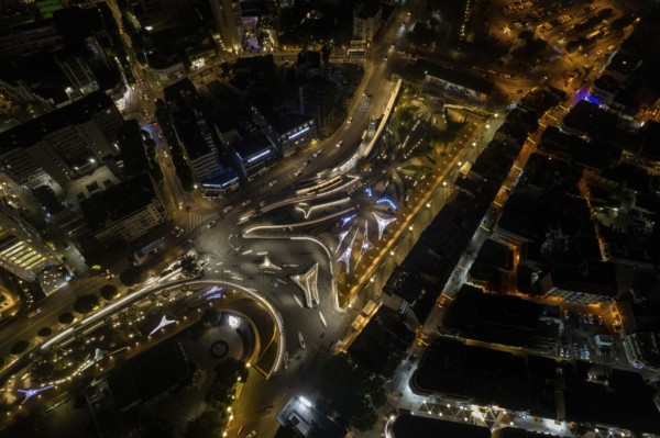 Aerial drone photograph of cityscape of Nicosia in Cyprus at night. European cities