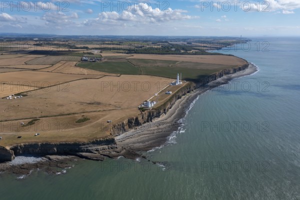 Aerial landscape view of the Nash Point Lighthouse and Monknash Coast in South Wales, United Kingdom, Europe