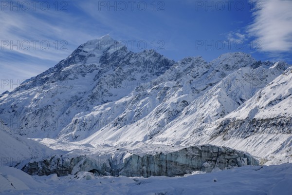 Mount Cook and Hooker Glacier, end of Hooker Valley Track, Mount Cook National Park, New Zealand, Oceania
