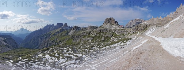View of the Three Peaks and the Rienza Valley from the path to the Dreizinnenhütte, Sesto Dolomites, South Tyrol
