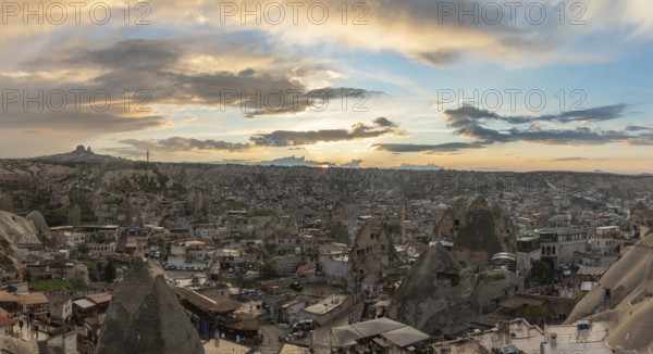 A picture of the town of Goreme, in Cappadocia, at sunset
