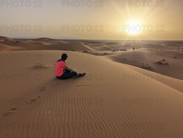 A caravan of dromedaries passing the Sahara desert in the evening, Erg Chebbi in Morocco