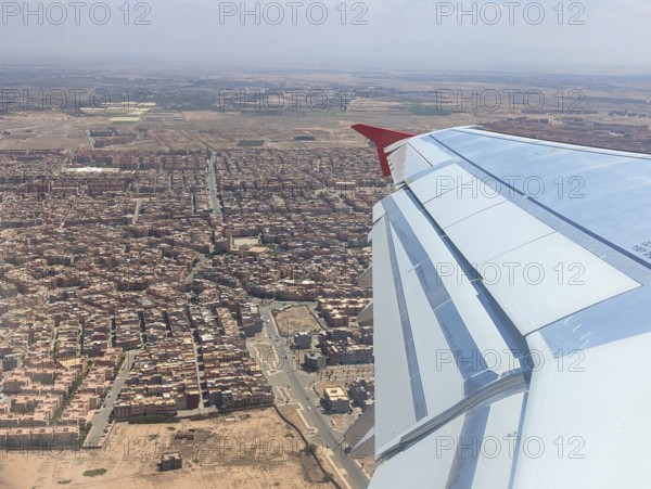 Aerial view of the Moroccan landscape and downtown Marrakesh