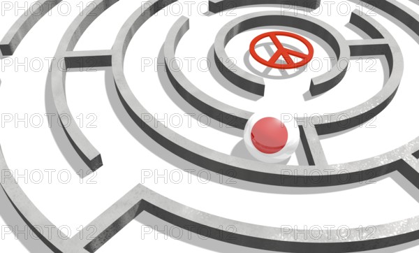 Image relative to politic situation in Japan. National flag textured sphere in labyrinth. 3d rendering