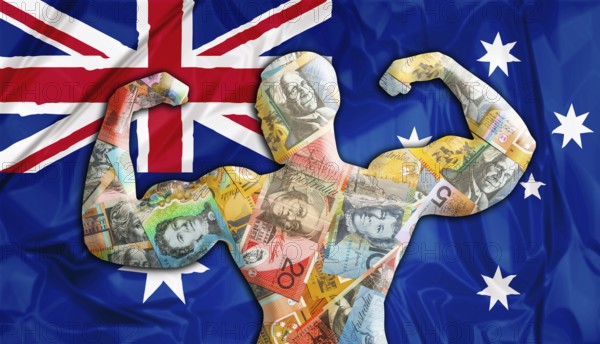 Abstract business background. Concept of powerful Australian Dollar. Australia Flag and bodybuilder shaped AUD currency. Financial concept about exchange rate of Australian dollars