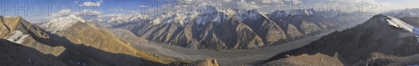 Scenic panorama of Engilchek glacier in picturesque Tian Shan mountain range in Kyrgyzstan