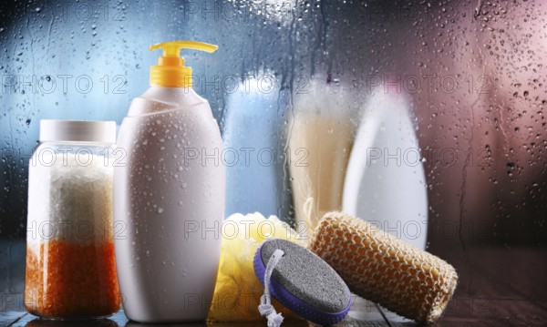 Different containers of body care products in the bathroom