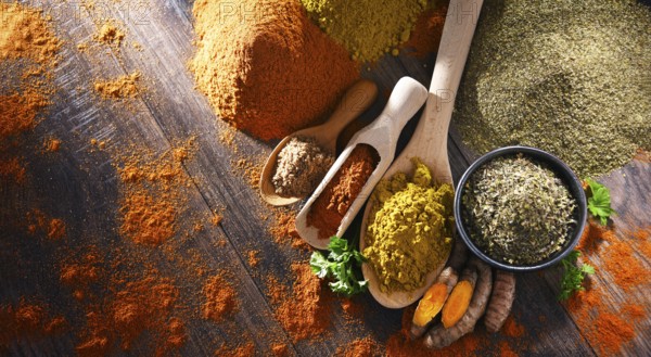 Composition with spices on wooden kitchen table
