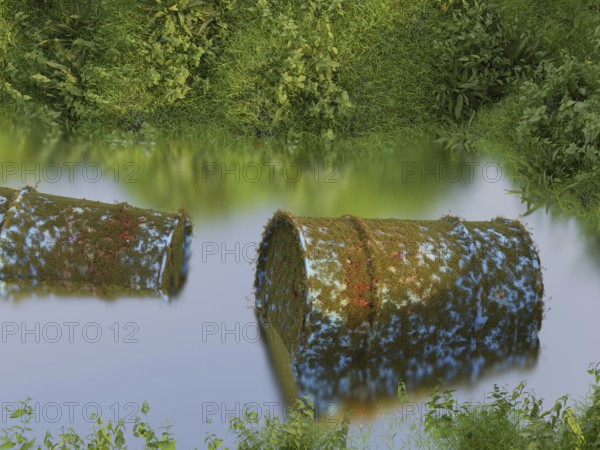 Two barrels of hazardous waste are rotting in the wild, conceptual 3d rendering