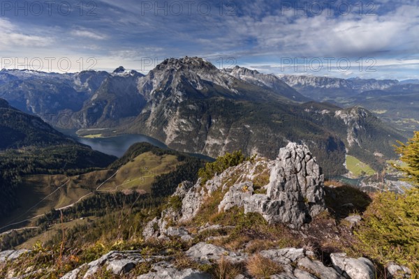 View on Königssee and Watzmann from the summit of Jenner in Berchtesgadener Land, Bavaria, Germany, in autumn, Europe