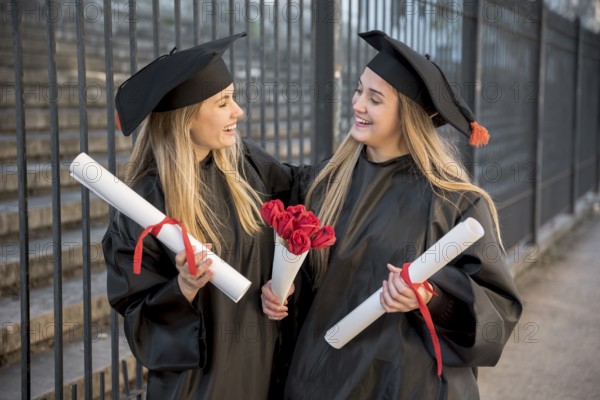 Medium view friends with bouquet roses graduation