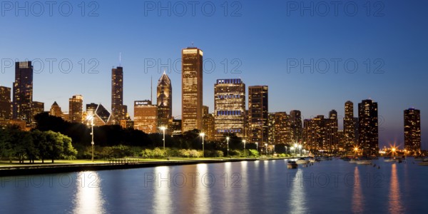 Chicago, USA, 12 July: The Chicago skyline just after sunset on a hot summer's day in Illinois, USA, North America