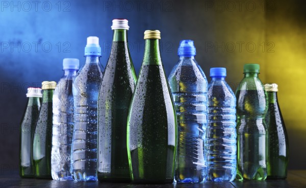 Composition with different sorts of bottles containing mineral water