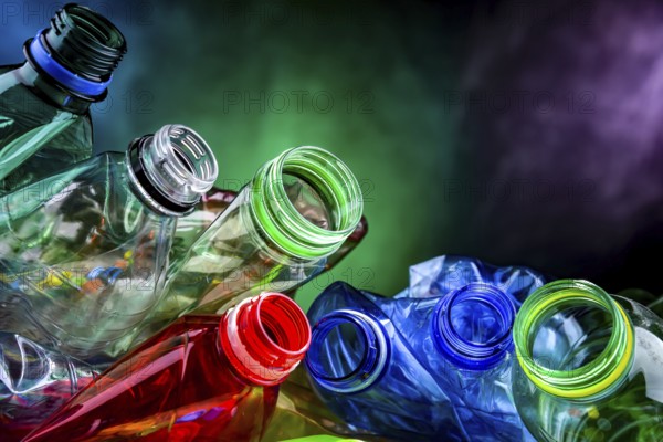 Empty colored drink bottles. Recyclable plastic waste