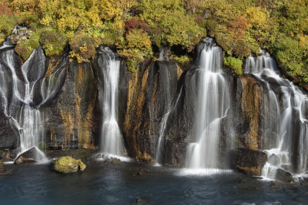 Waterfall Hraunfossar, river Hvita, Iceland, Europe
