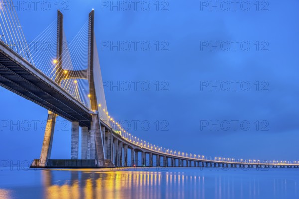 The Vasco da Gama Bridge over the Tagus in Lisbon, Portugal, at dusk, Europe